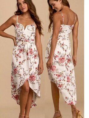 Lulu's White Floral Midi Dress with Pink Rose Print